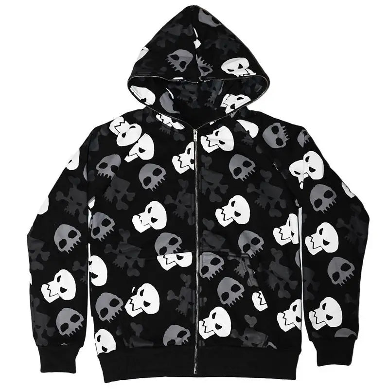 Y2K Skull Print Zip Hoodie - Grunge, 90s, Retro, Gothic, Summer, Party, Club Out