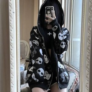 Y2K Skull Print Zip Hoodie - Grunge, 90s, Retro, Gothic, Summer, Party, Club Out