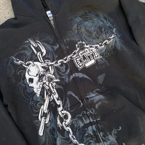 Y2K Skull Print Zip Up Hoodie - 90s Grunge, Retro, Gothic, Summer & Party Outfits