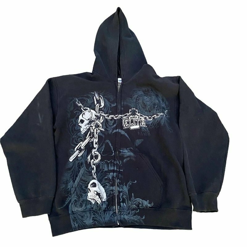 Y2K Skull Print Zip Up Hoodie - 90s Grunge, Retro, Gothic, Summer & Party Outfits