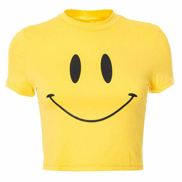 Y2K Smiley Face Crop Top - Retro 90s Grunge Summer Outfit, Baby Tees, Y2K