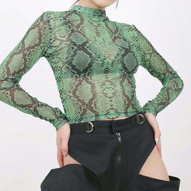 Y2K Snakeskin Mesh Top - Retro 90s Grunge, Summer Party, Club & Popstar Outfits