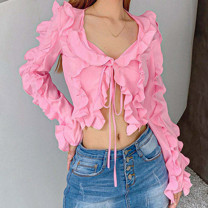 Y2K Soft Girl Ruffle Cardigan - 90s Grunge, Retro Summer, Pastel Goth, Y2