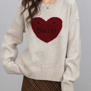 Y2K Soft Girl Warm Heart Sweater - Retro 90s Grunge, Pastel Goth, Summer Y2K