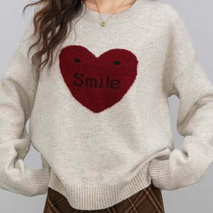 Y2K Soft Girl Warm Heart Sweater - Retro 90s Grunge, Pastel Goth, Summer Y2K