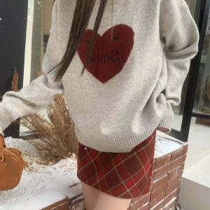 Y2K Soft Girl Warm Heart Sweater - Retro 90s Grunge, Pastel Goth, Summer Y2K