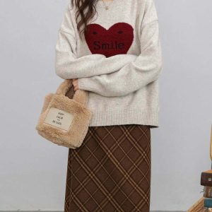 Y2K Soft Girl Warm Heart Sweater - Retro 90s Grunge, Pastel Goth, Summer Y2K