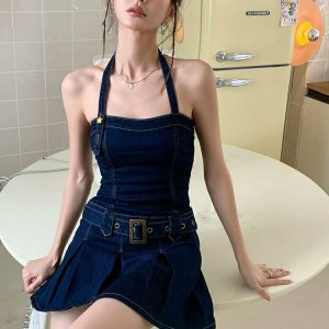 Y2K Spaghetti Strap Denim Dress - 90s Grunge, Retro Summer Outfit, Y2K Party & Club