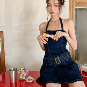 Y2K Spaghetti Strap Denim Dress - 90s Grunge, Retro Summer Outfit, Y2K Party & Club