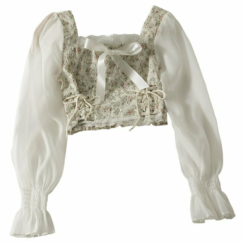 Y2K Square Collar Lace Blouse - 90s Grunge, Retro Summer, Pastel Goth, Y2K