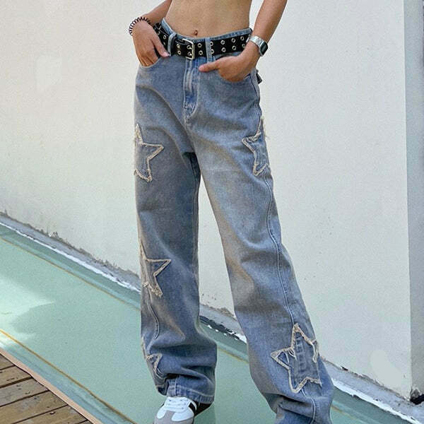 Y2K Star Baggy Jeans - Retro 90s Grunge, Y2K Summer Outfits, Hip Hop Fashion