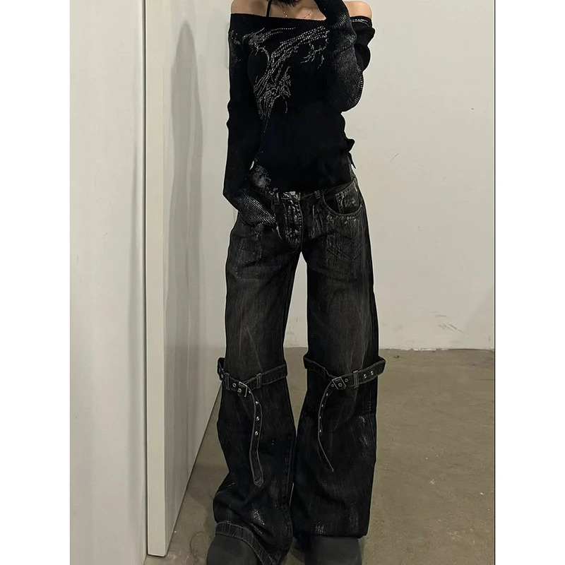 Y2K Star Black Women's High Waist Jeans - Hip Hop Streetwear Fashion Pants