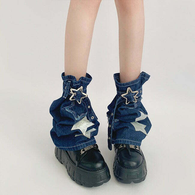 Y2K Star Denim Leg Warmers - Retro 90s Grunge, Y2K Summer Outfits, and Past