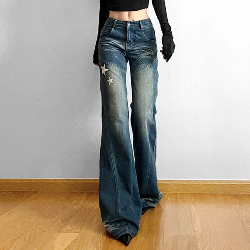 Y2K Star Embroidery Flared Jeans - Retro 90s Grunge, Summer Y2K Outfits, Hip