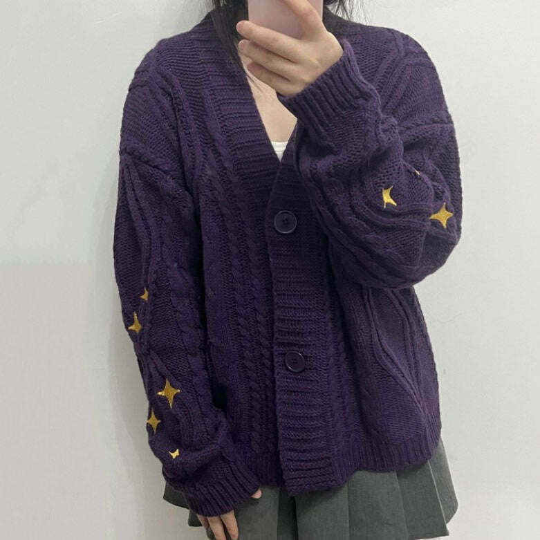 Y2K Star Embroidery Purple Cardigan - 90s Grunge, Retro Summer, Pastel Goth, Y2