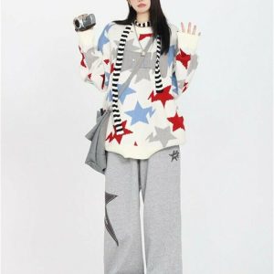 Y2K Star Jogger Sweatpants - Retro 90s Grunge, Summer Y2K Outfits, Pastel