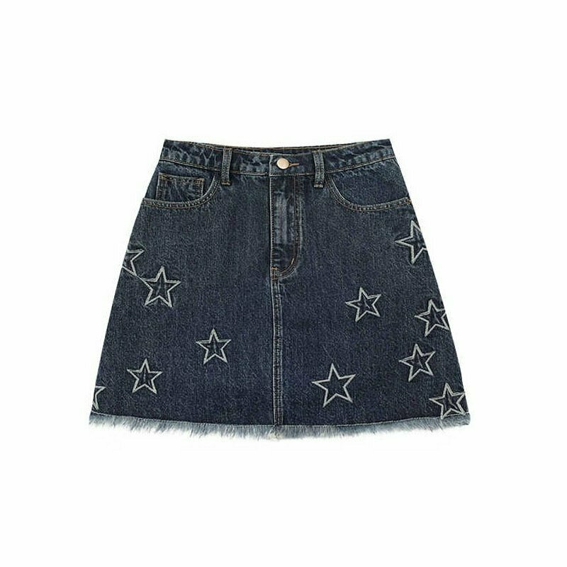 Y2K Star Mini Denim Skirt - Retro 90s Grunge, Summer Y2K Outfits, Y2