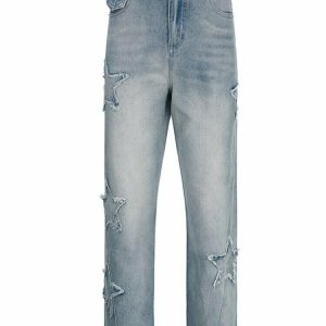 Y2K Star Patchwork Jeans - Retro 90s Grunge, Summer Y2K Outfits, Hip Hop Fashion