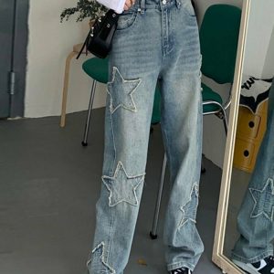 Y2K Star Patchwork Jeans - Retro 90s Grunge, Summer Y2K Outfits, Hip Hop Fashion