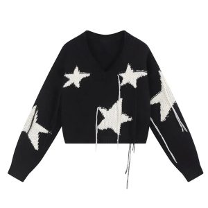 Y2K Star Print Cropped Sweater - Retro 90s Grunge, Summer Outfits, and Pastel Goth