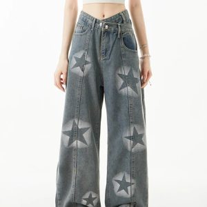 Y2K Star Print High Waist Wide Leg Jeans - Vintage Blue Denim Trouser