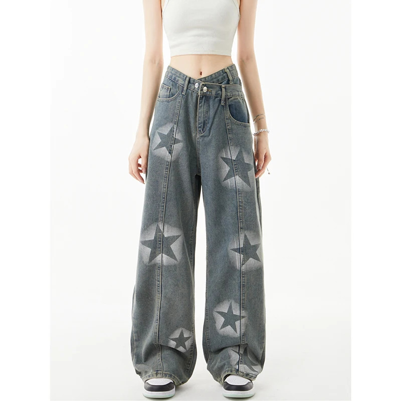 Y2K Star Print High Waist Wide Leg Jeans - Vintage Blue Denim Trouser