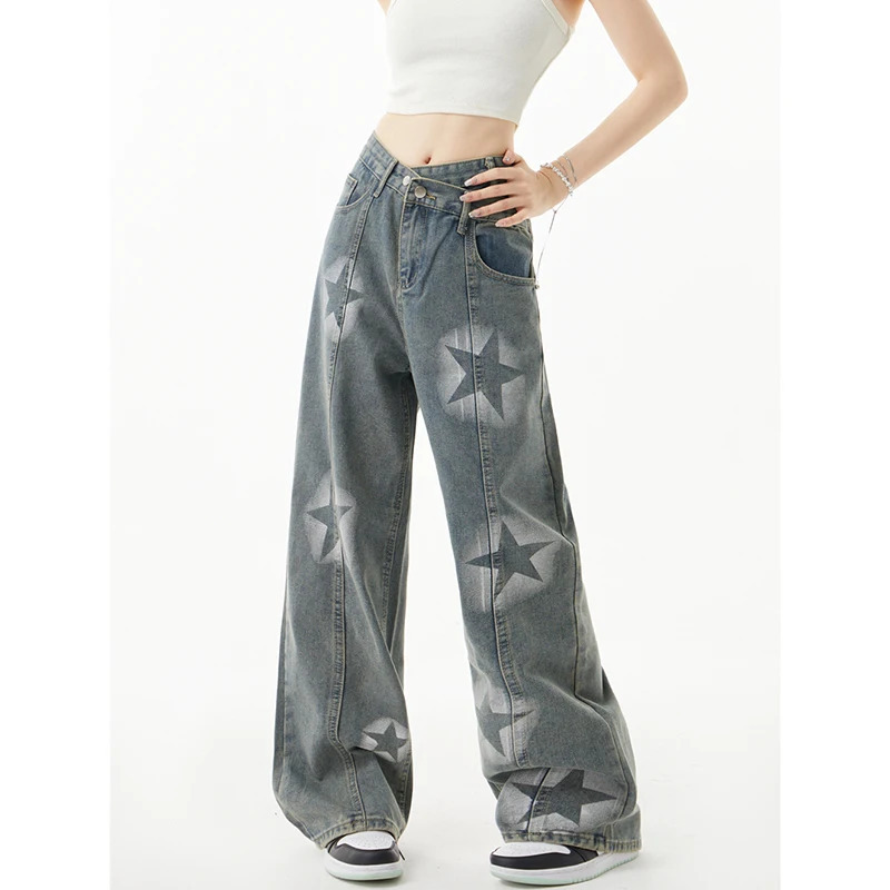 Y2K Star Print High Waist Wide Leg Jeans - Vintage Blue Denim Trouser