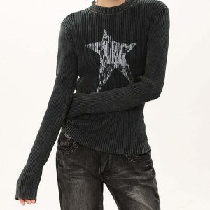 Y2K Star Print Ribbed Long Sleeve Top - 90s Grunge, Retro, and Summer Y2K Fashion