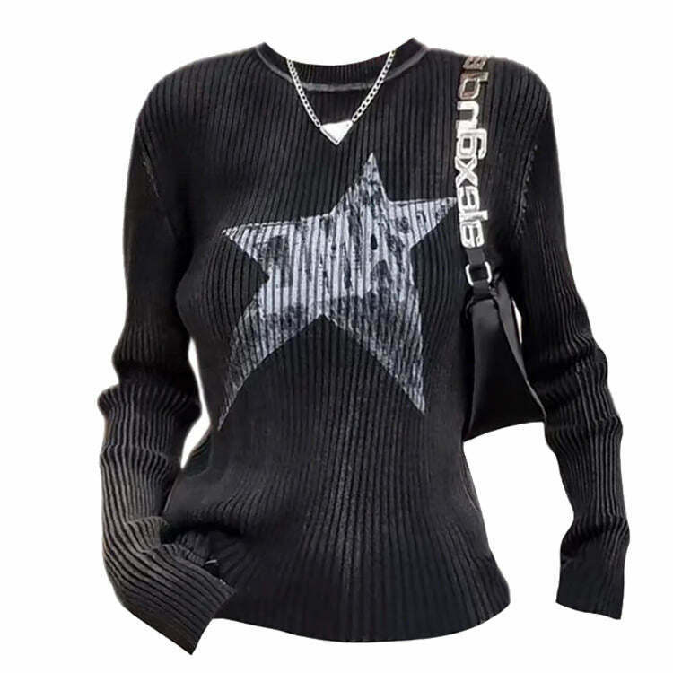 Y2K Star Print Ribbed Long Sleeve Top - 90s Grunge, Retro, and Summer Y2K Fashion