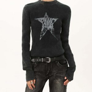 Y2K Star Print Ribbed Long Sleeve Top - 90s Grunge, Retro, and Summer Y2K Fashion