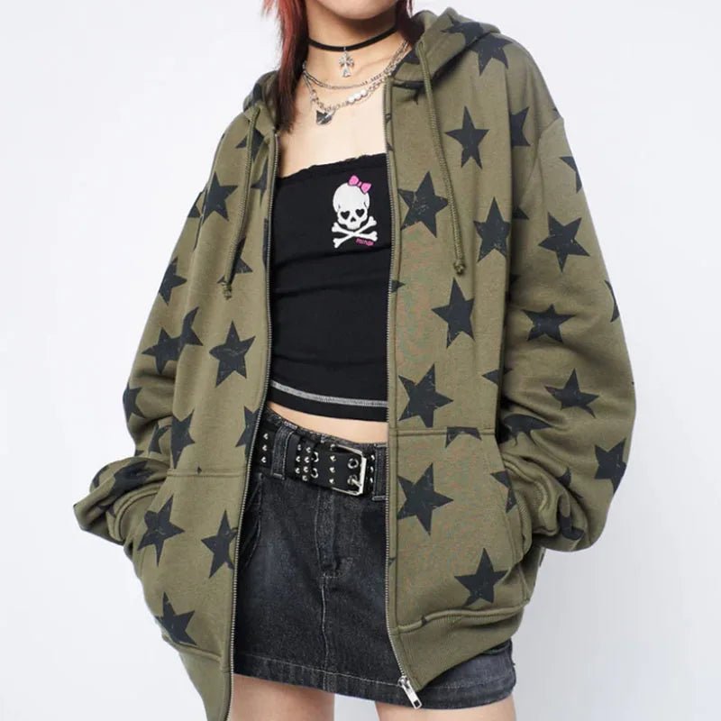 Y2K Star Print Sweatshirt Jacket - 90s Grunge, Retro, Summer Outfits, Y2K Fashion