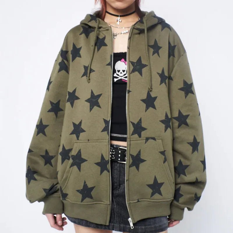 Y2K Star Print Sweatshirt Jacket - 90s Grunge, Retro, Summer Outfits, Y2K Fashion