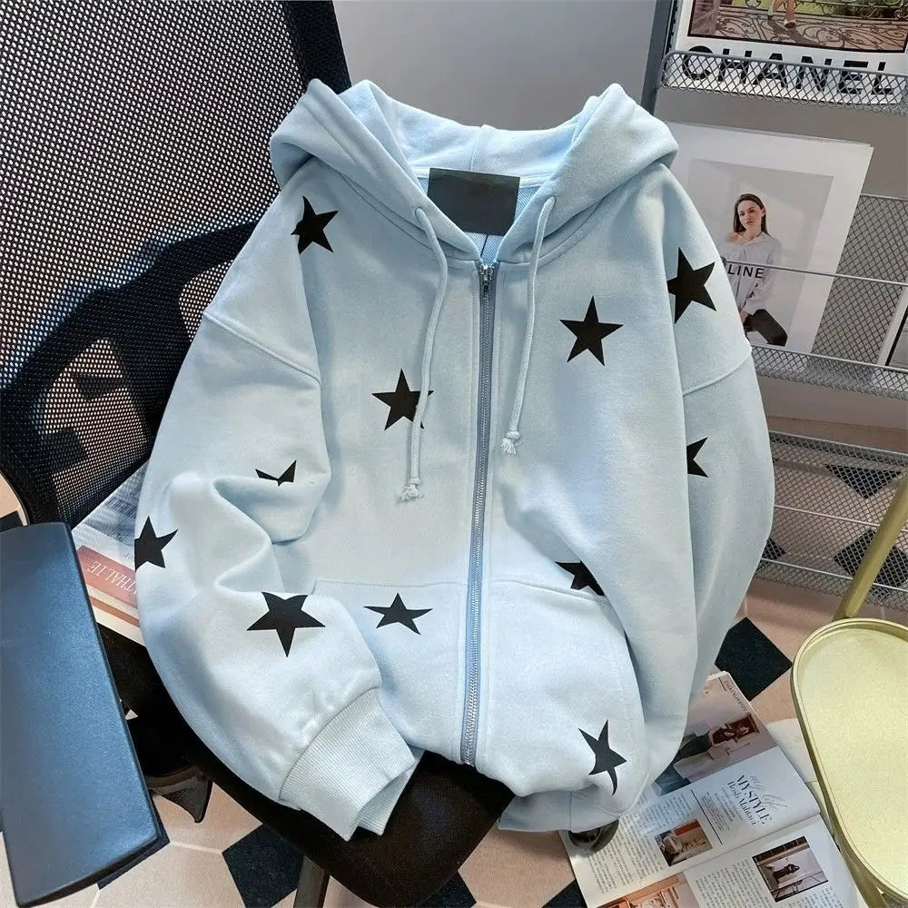 Y2K Star Print Zip Hoodie - Retro 90s Grunge, Summer Outfits, Pastel Goth, Hip Hop