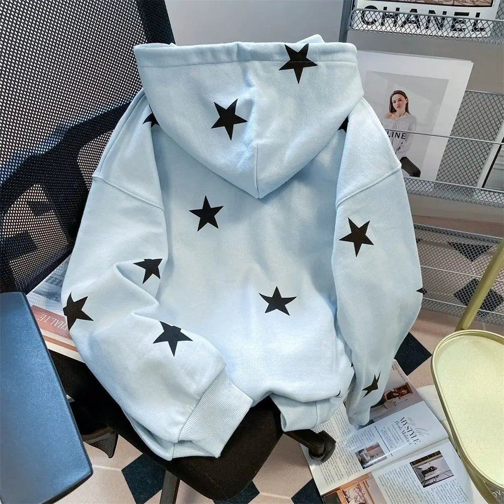 Y2K Star Print Zip Hoodie - Retro 90s Grunge, Summer Outfits, Pastel Goth, Hip Hop