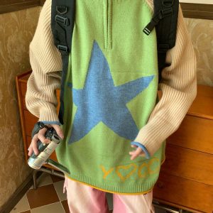 Y2K Star Print Zip Up Jumper - 90s Grunge, Retro, Summer, Party, and Club Out