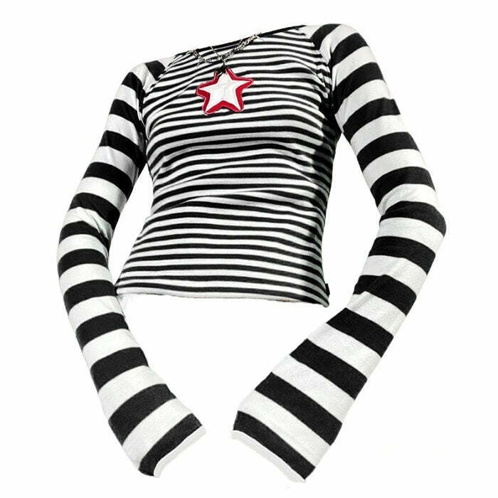 Y2K Star Striped Long Sleeve Top - Retro 90s Grunge Fashion, Summer & Party Outfits