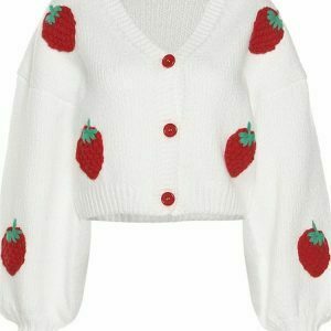 Y2K Strawberry Knit Sweater - Retro 90s Grunge, Summer Y2K Outfits, Pastel Goth