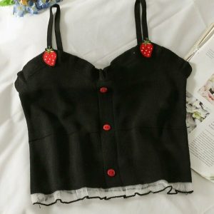 Y2K Strawberry Knitted Camisole Crop Top - Retro 90s Grunge Summer Outfit for Women