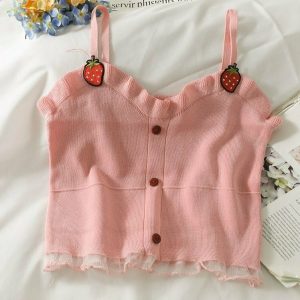 Y2K Strawberry Knitted Camisole Crop Top - Retro 90s Grunge Summer Outfit for Women