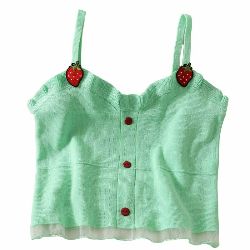 Y2K Strawberry Knitted Camisole Crop Top - Retro 90s Grunge Summer Outfit for Women