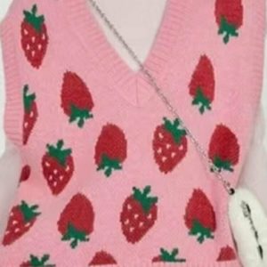 Y2K Strawberry Print Sweater Vest - Retro 90s Grunge, Summer Outfits, Pastel Goth Fashion