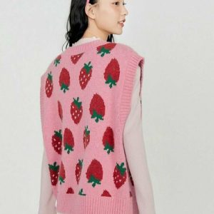 Y2K Strawberry Print Sweater Vest - Retro 90s Grunge, Summer Outfits, Pastel Goth Fashion