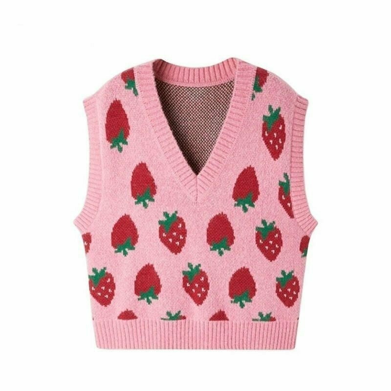 Y2K Strawberry Print Sweater Vest - Retro 90s Grunge, Summer Outfits, Pastel Goth Fashion