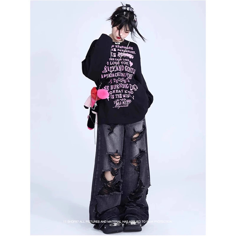 Y2K Streetwear Black Jeans: High Waist Wide Leg Vintage Pants