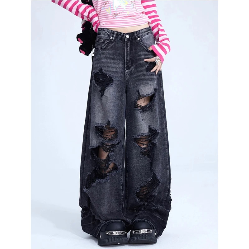 Y2K Streetwear Black Jeans: High Waist Wide Leg Vintage Pants