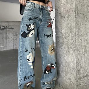 Y2K Streetwear Chic Blue High Waist Wide Leg Jeans - American Graffiti Fashion