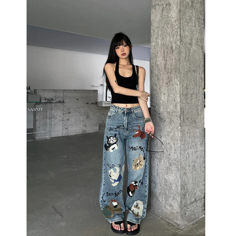 Y2K Streetwear Chic Blue High Waist Wide Leg Jeans - American Graffiti Fashion