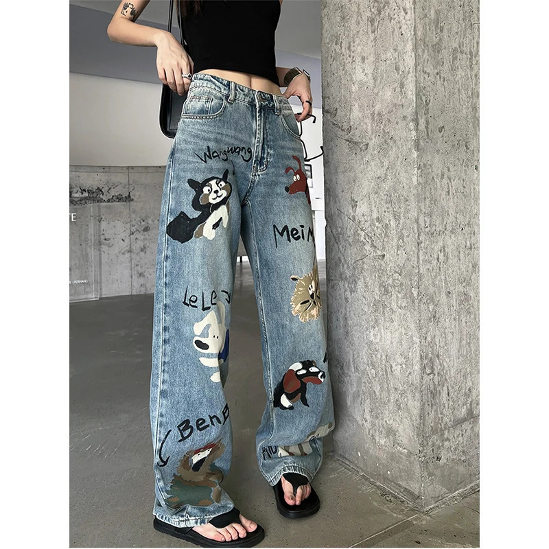 Y2K Streetwear Chic Blue High Waist Wide Leg Jeans - American Graffiti Fashion