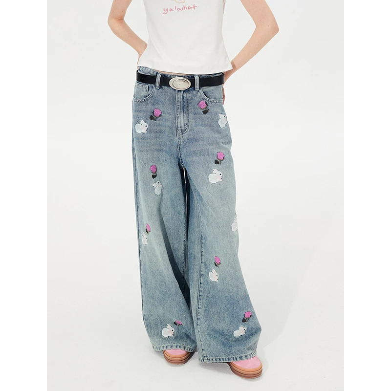 Y2K Streetwear Chic Blue High Waist Wide Leg Jeans for Women