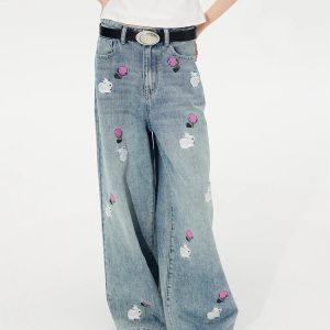 Y2K Streetwear Chic Blue High Waist Wide Leg Jeans for Women